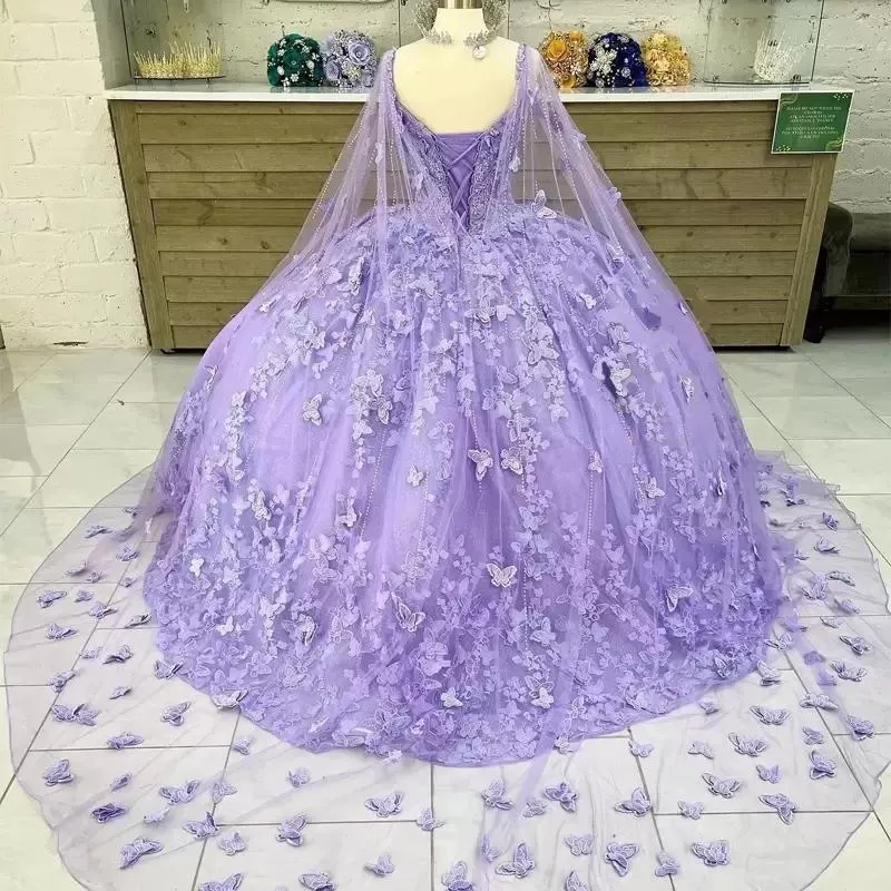Lilac Lavender Butterfly Quinceanera Dresses With Cape Lace Applique Sweet Dress Mexican Prom Gowns Vestidos De