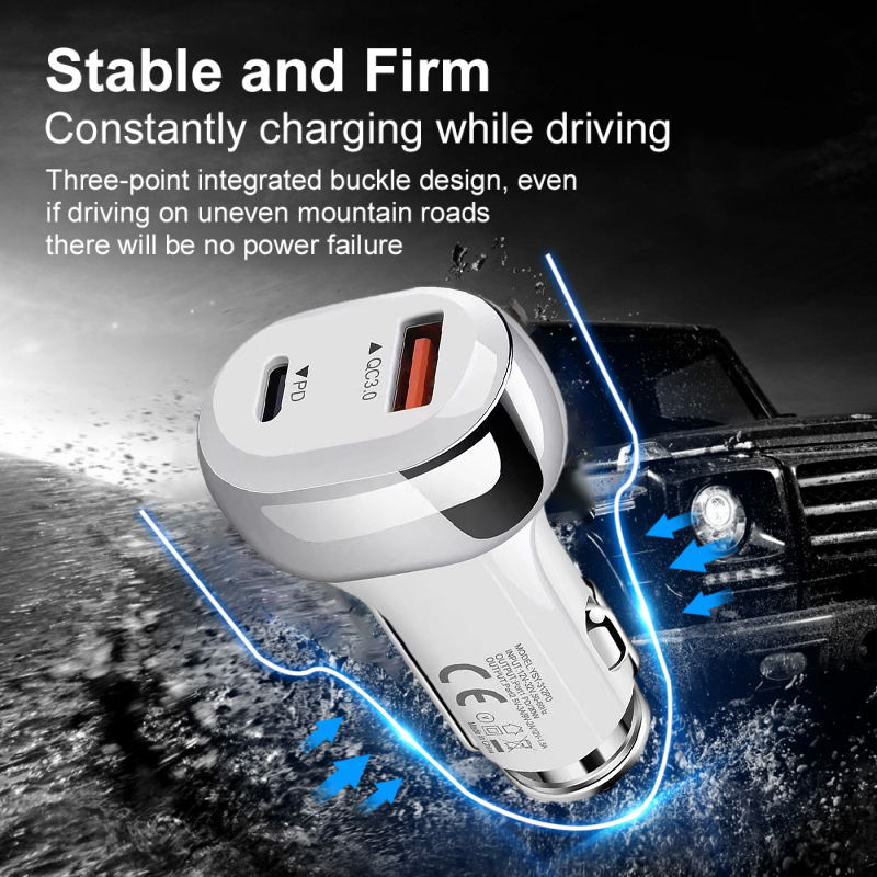 38W USB-C Dual Port Car Charger USB-C PD 20W and QC 3.0 USB-A 18W Car Adapter