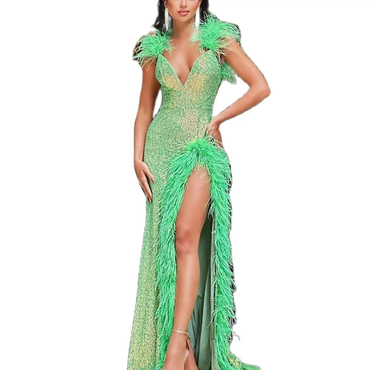 Sexy V Neck Mermaid Prom Dresses Shiny Sleeveless Sequined Lace Formal Occasion Dress Feather Aso Ebi Evening Gown