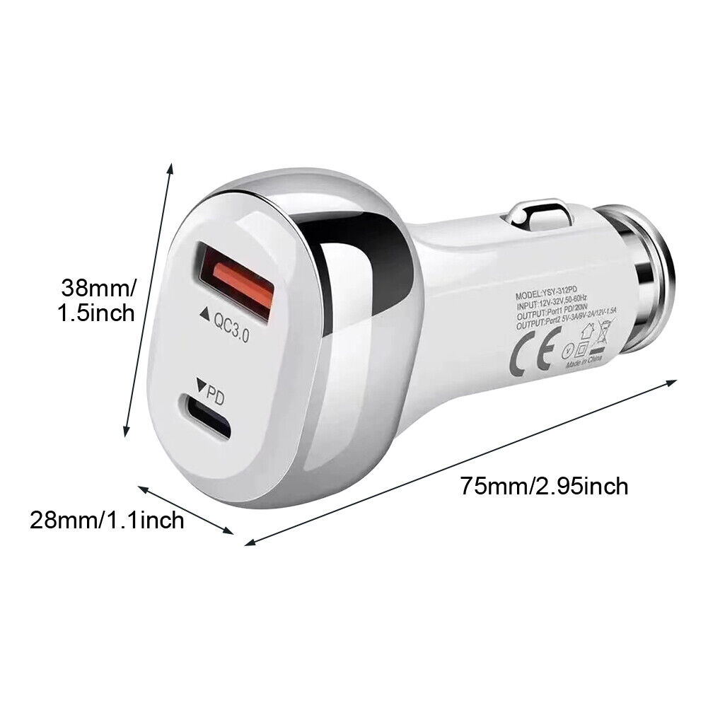 38W USB-C Dual Port Car Charger USB-C PD 20W and QC 3.0 USB-A 18W Car Adapter