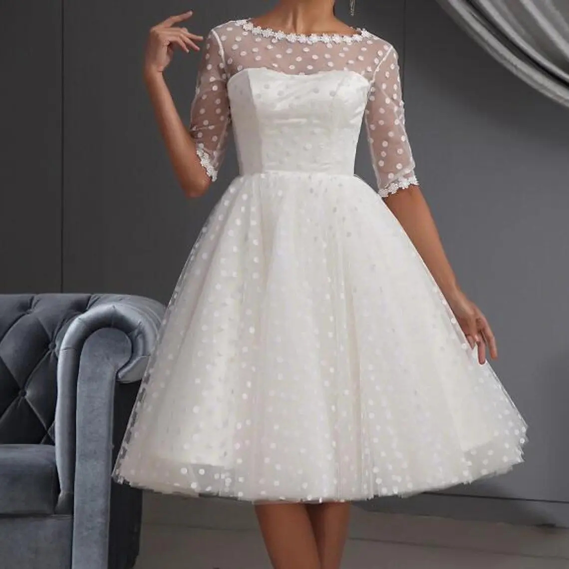 Vintage White Short Wedding Dress Jewel Knee Length Lace Dot Tulle Bridal Party Gowns Abendkleider Vestidos De Noiva Robe Mariage