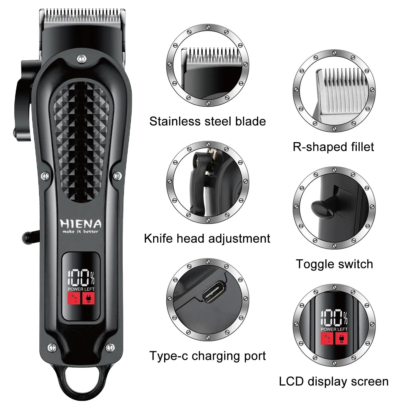 Hiena HYN-212 Electric Hair Clipper UBS Rechargeable Cordless Beard Trimmer Men Powerful Electric Hair Clipper Trimming Tool 240223