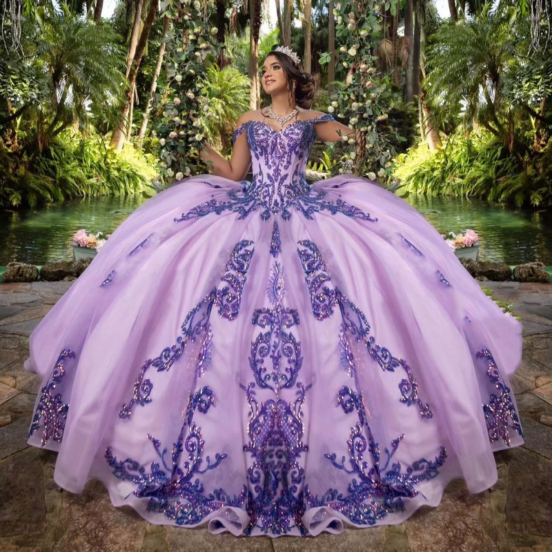 Lilac Shiny Quinceanera Dress Off the Shoulder Ball Gown Lace Applique Beads Tull Corset Sweet 16 Vestidos De 15 Anos