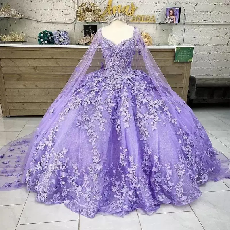 Lilac Lavender Butterfly Quinceanera Dresses With Cape Lace Applique Sweet Dress Mexican Prom Gowns Vestidos De