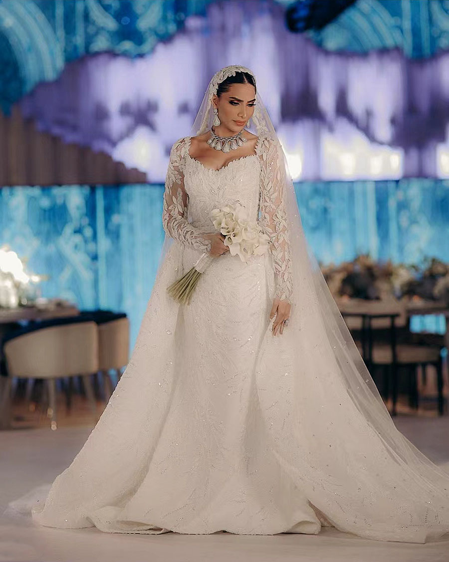 Ebi Arabic Aso Sequined Muslim Mermaid Wedding Dress Exquisite Sheer Neck Lace Pearls Beaded Long Sleeves Bridal Gowns Court Train Vestido De Novia 32