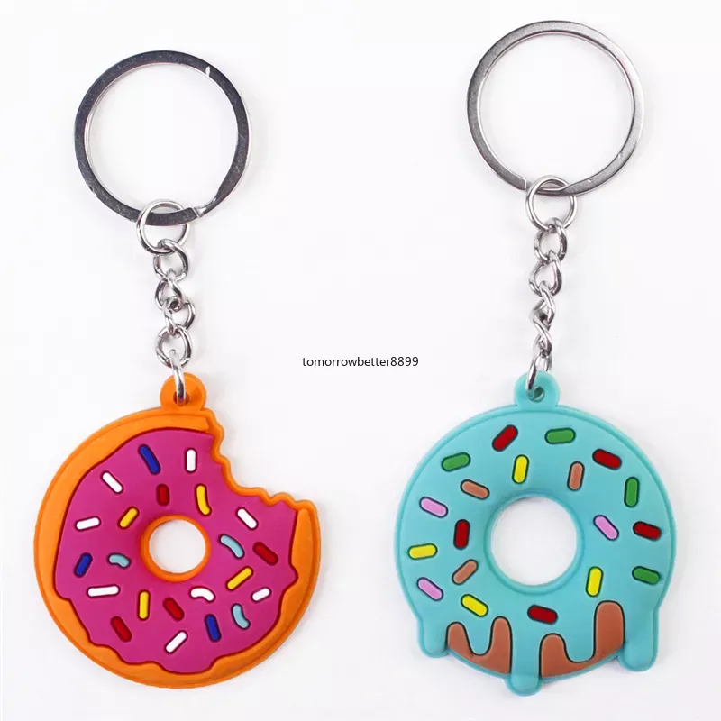 PVC Donut Keychains Accessories Cute Pendant Key Chains Rings Jewelry Fashion Design Keyrings Trinkets Bag Charms Silver Metal Car Keys Holder Gifts 6 Colors