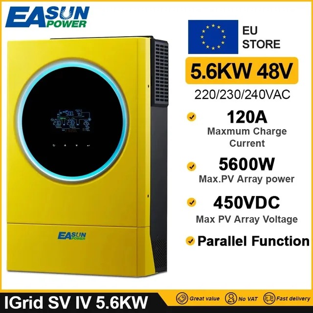 EASUN POWER Hybrid Solar Inverter 5.6KW 230vac MPPT 120A Solar Charger PV Input 6000W 450vdc LED Ring Lights Touchable Button
