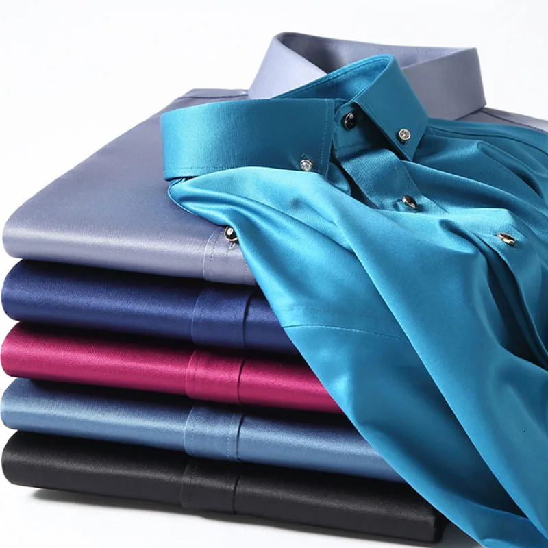 Mens Silk Shirts Long Sleeve Drill Button Solid Color 3XL Silky Business Formal Social No Iron and Wrinkle Soft Fashion Clothes 240219
