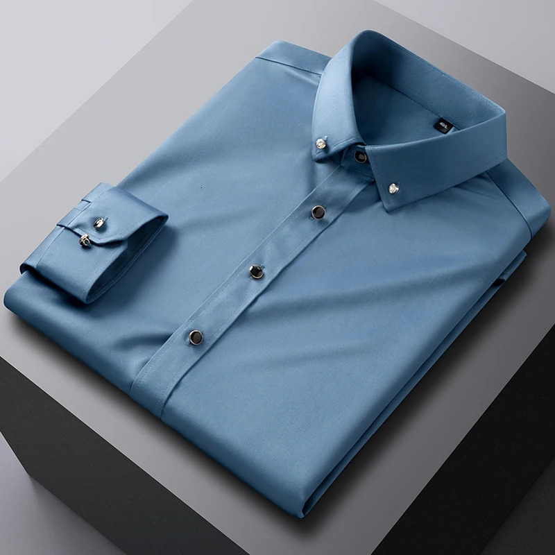 Mens Silk Shirts Long Sleeve Drill Button Solid Color 3XL Silky Business Formal Social No Iron and Wrinkle Soft Fashion Clothes 240219