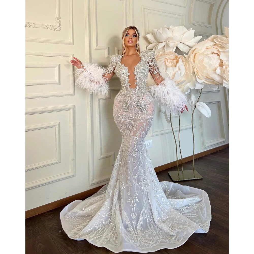 Stunningbride 2024 Sexy Feather Arabic Mermaid Plus Size Wedding Dresses Detachable Train Lace Bridal Dresses Beaded Crystal Wedding Gowns