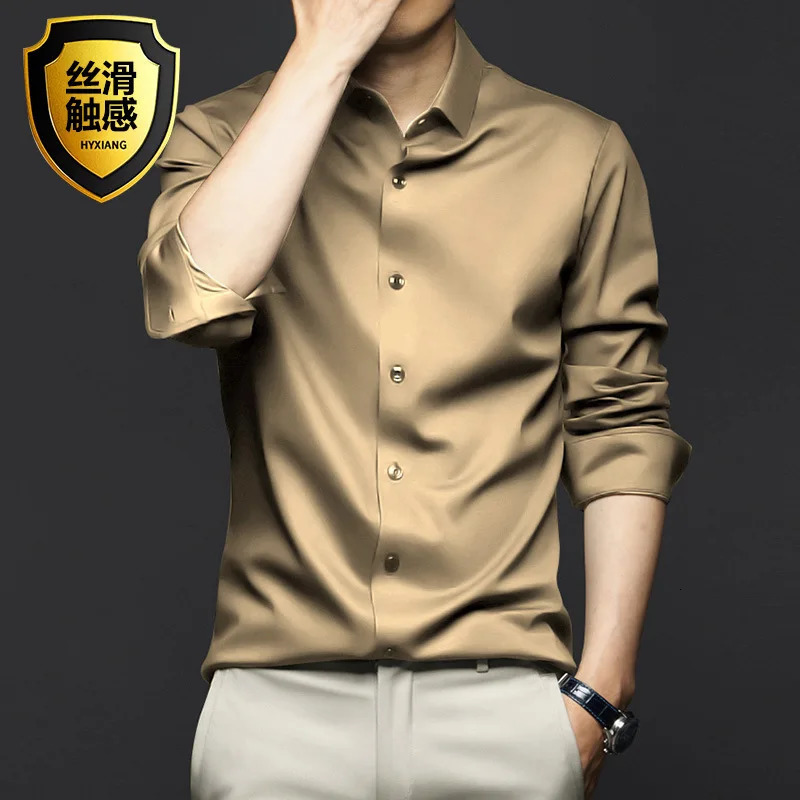 6XL Large Business Dress Social Solid Silk Smooth Long Sleeve Mens Shirt Non iron Spring and Autumn Break High Quality 240219