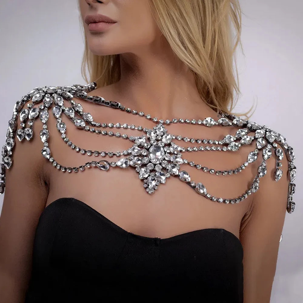 Boho Crystal Bridal Shoulder Necklace Sexy Porm Body Necklace Bead Shawl Wraps Accessories For Women Body Chains Jewelry 240223