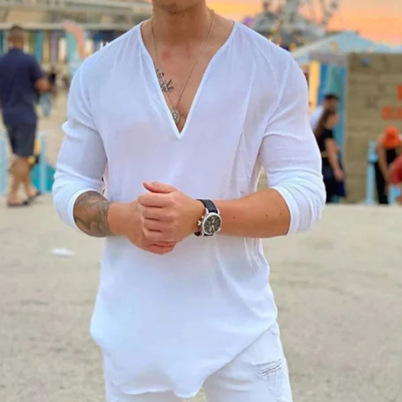 2024 mens linen long sleeve Tshirt Breathable shirt solid color casual basic cotton top 240219