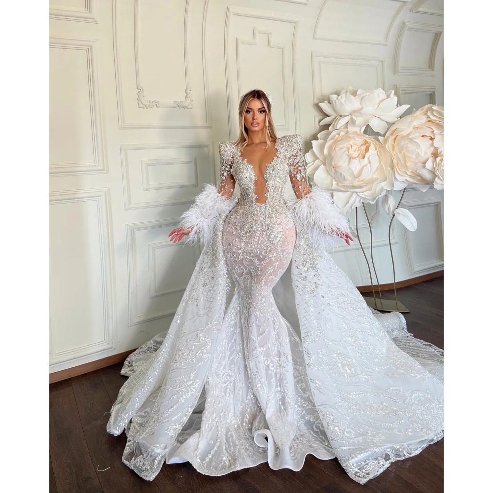 Stunningbride 2024 Sexy Feather Arabic Mermaid Plus Size Wedding Dresses Detachable Train Lace Bridal Dresses Beaded Crystal Wedding Gowns