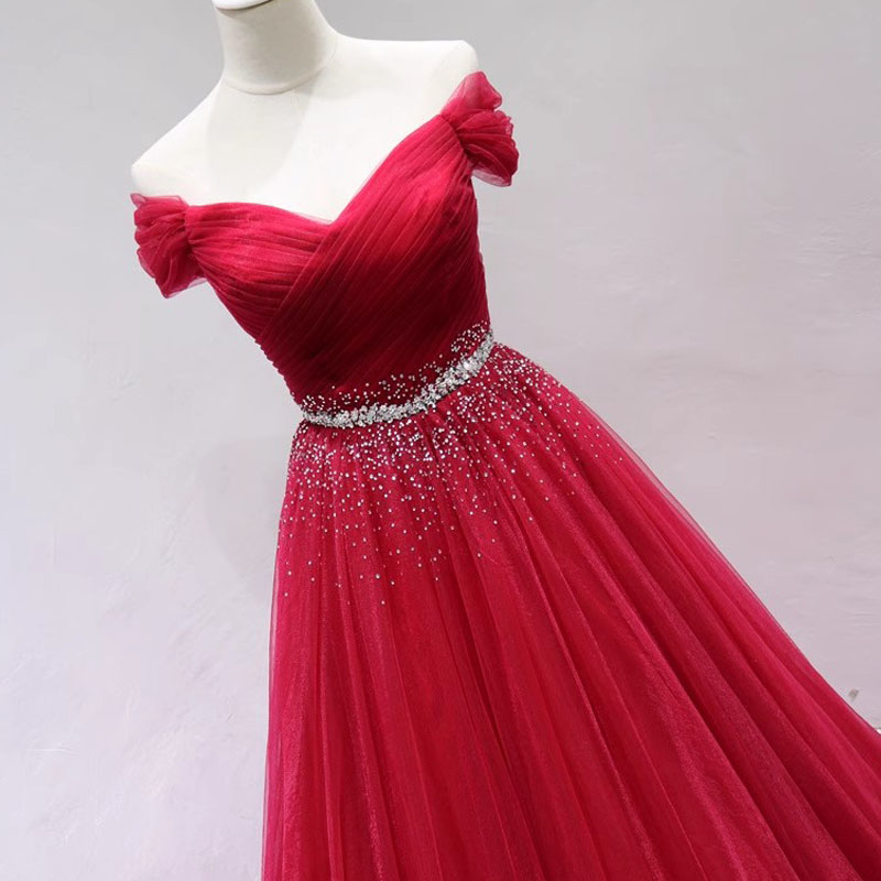 Gorgeous Dark Red Ball Gown Real Pictures Prom Dresses Off Shoulder Lace-up Back Long Evening Dress Pleats Tulle Sweep Train Beads Sequined Peplum