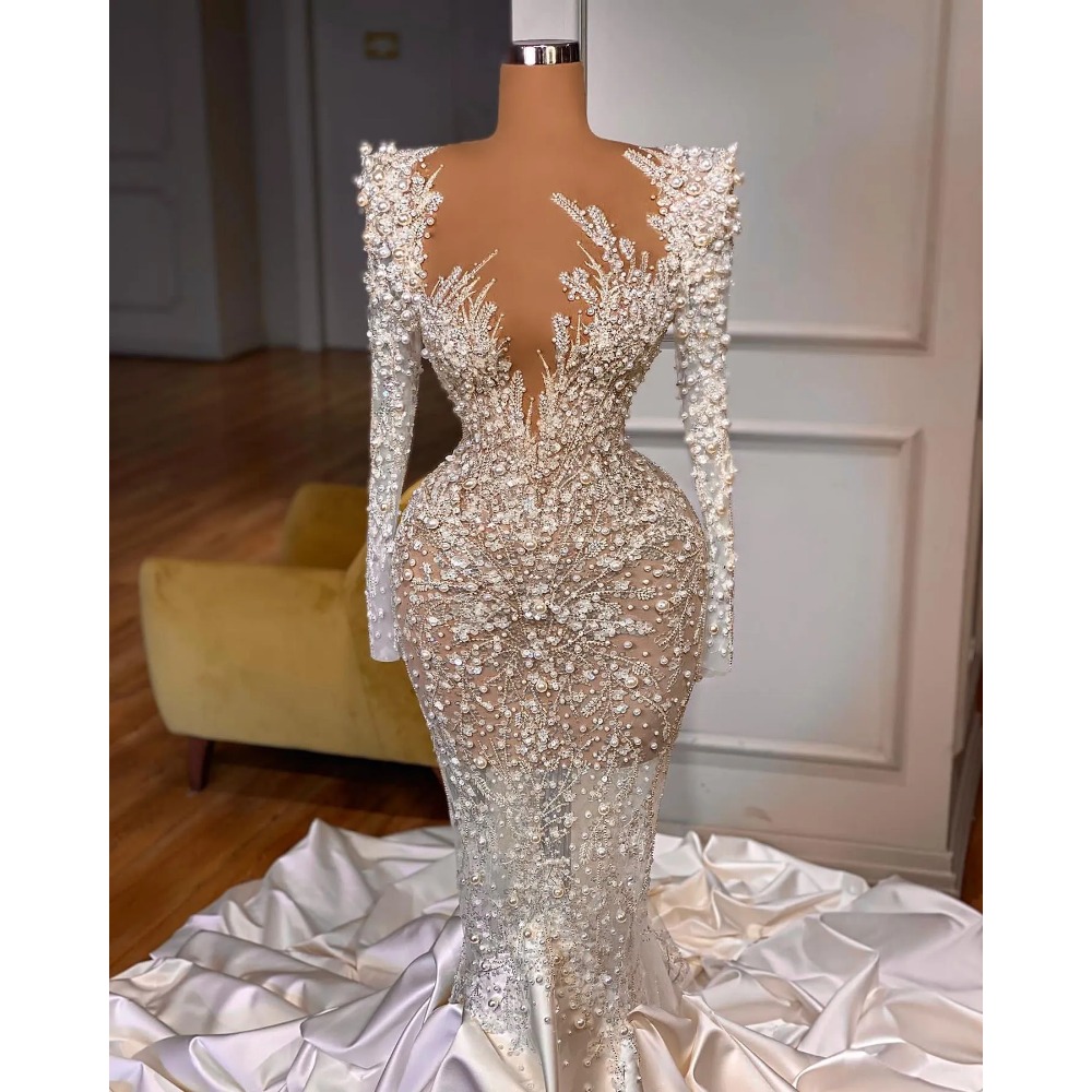 Stunningbride 2024 Crystal Mermaid Wedding Dresses Long Sleeves Beads Appliques Lace Bridal Gowns Custom Made Sweep Train Bride Dress