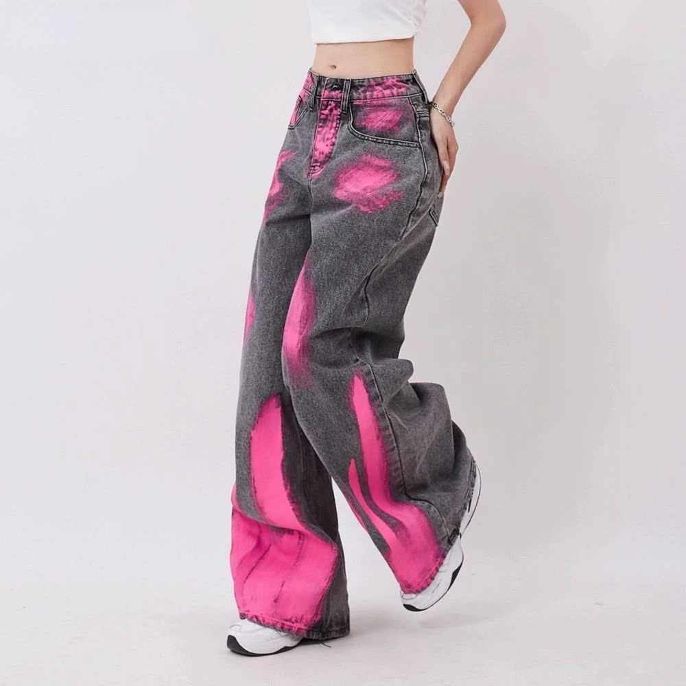 Streetwear Baggy Jeans Women Creative Graffiti Casual Versatile Wide Leg Pants Y2k Jeans Woman High Waist Hip Hop Denim Trousers 240219