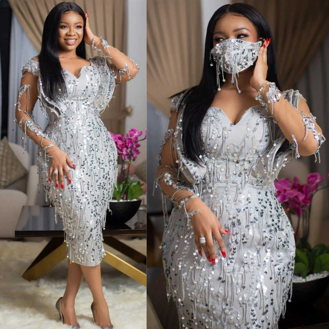 Silver Luxury Nigeria Cocktail Dresses African Arabic T Length Short Prom Dresses Long Sleeves Beading Lace Formal Dress for African Black Women C038