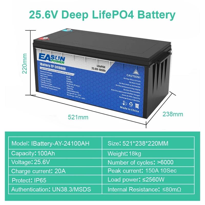 EASUN POWER LiFePO4 Battery 50AH 100AH 200AH 12V 24V BMS Rechargeable Lithium Bateria Pack for Camping Car Solar No Tax