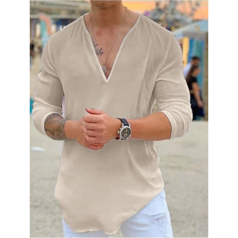 2024 mens linen long sleeve Tshirt Breathable shirt solid color casual basic cotton top 240219