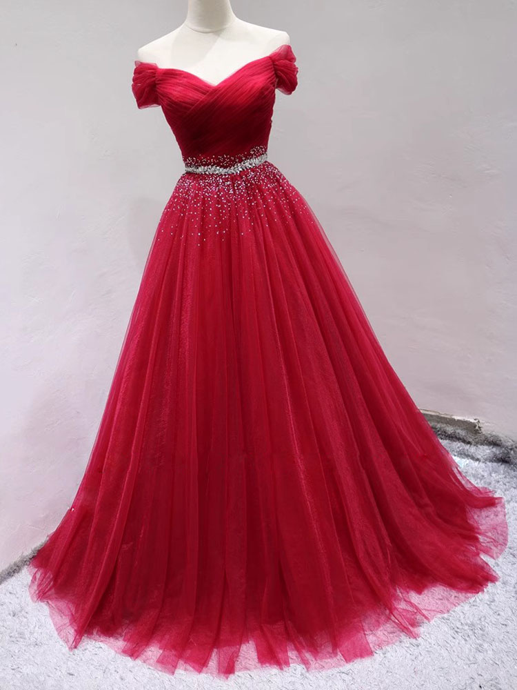 Gorgeous Dark Red Ball Gown Real Pictures Prom Dresses Off Shoulder Lace-up Back Long Evening Dress Pleats Tulle Sweep Train Beads Sequined Peplum