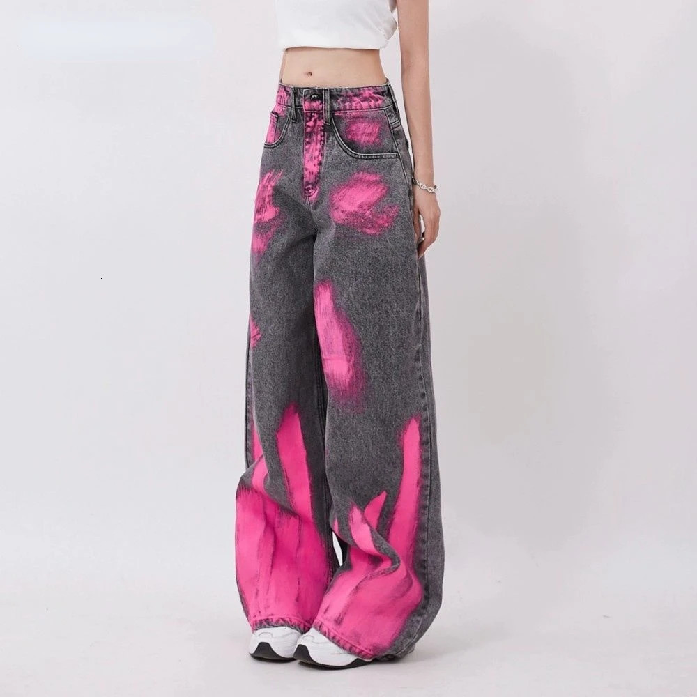 Streetwear Baggy Jeans Women Creative Graffiti Casual Versatile Wide Leg Pants Y2k Jeans Woman High Waist Hip Hop Denim Trousers 240219