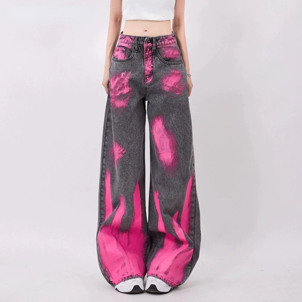Streetwear Baggy Jeans Women Creative Graffiti Casual Versatile Wide Leg Pants Y2k Jeans Woman High Waist Hip Hop Denim Trousers 240219
