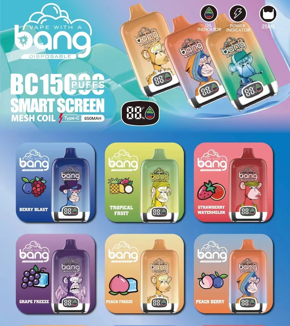 Original Bang 15000 Puff Digital Disposable E Cigarettes Oil Power Indicator 1.2ohm Mesh Coil 20ml Pod Battery Rechargeable Vape Kit fumot 12k 120000 vape Puff 15K