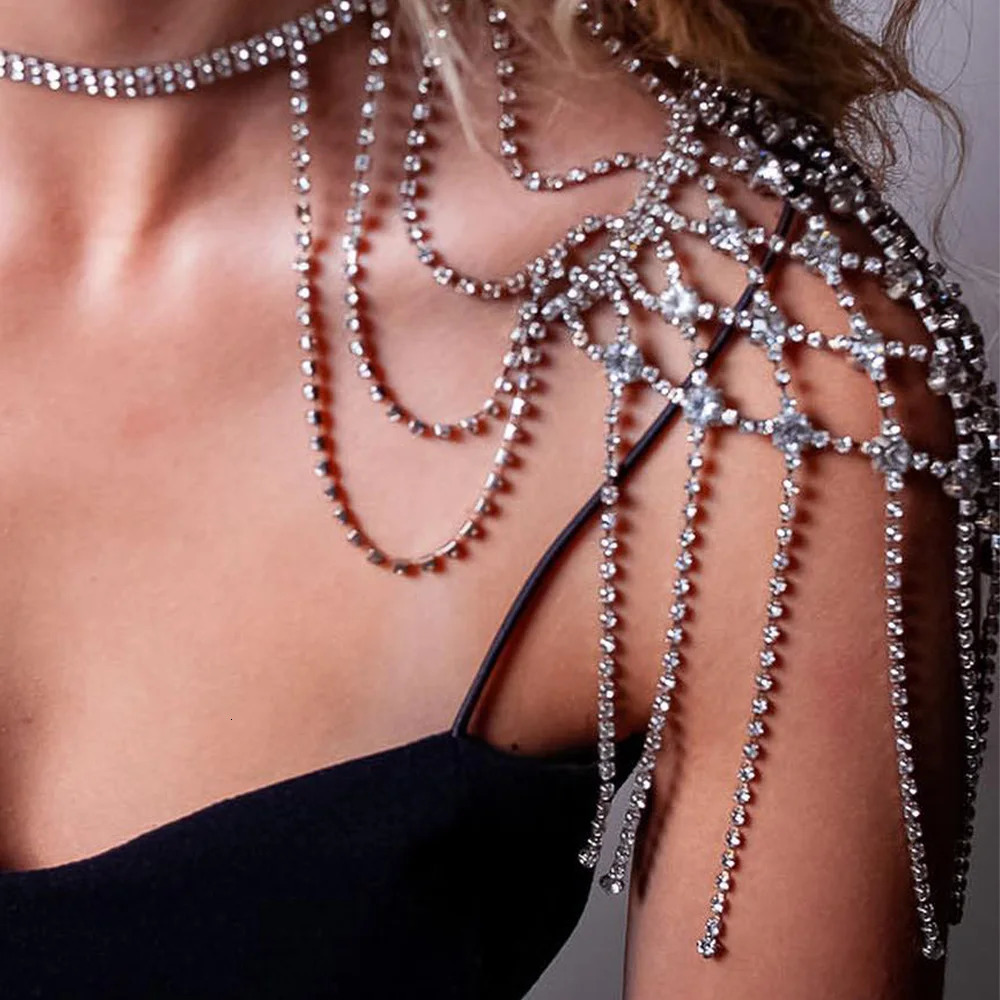 Stonefans Mesh Tassel Shoulder Chain Wedding Jewelry for Women Necklace Dress Multiple Rows Sexy Bikini Cosplay Swimsuit Summer 240223