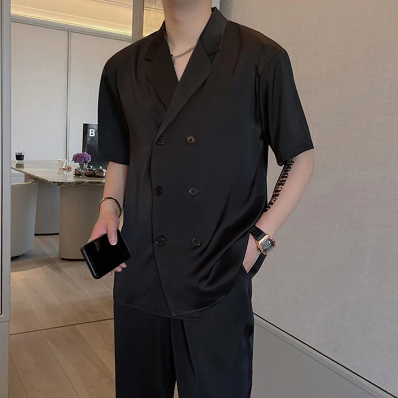 Summer Sets Men Fashion Double Breasted Short Sleeve ShirtTrousers Two Piece Set Korean Loose Ice Silk Mens Formal 240220