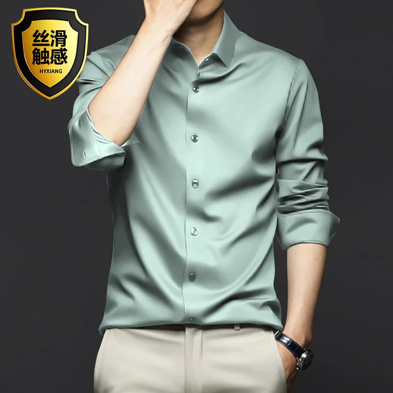 6XL Large Business Dress Social Solid Silk Smooth Long Sleeve Mens Shirt Non iron Spring and Autumn Break High Quality 240219