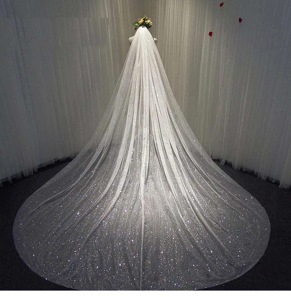 Sparkly Glitters Bling Bling Bridal Wedding Veils 1 Tier Long Bridal Veils Cathedral Length Handmade Soft Tulle Sequins Bride Veil