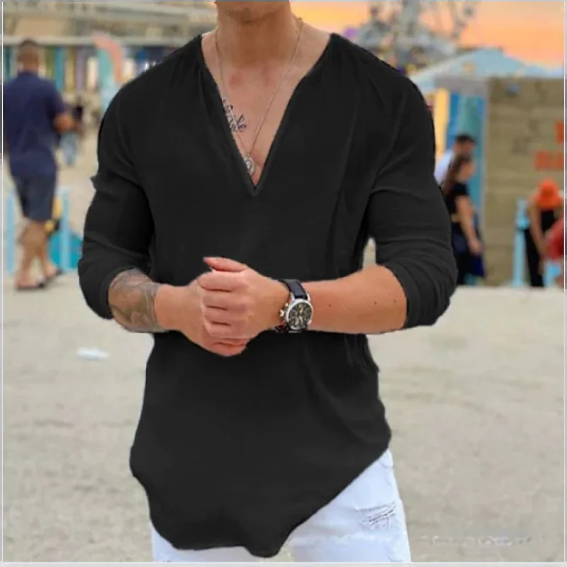 2024 mens linen long sleeve Tshirt Breathable shirt solid color casual basic cotton top 240219