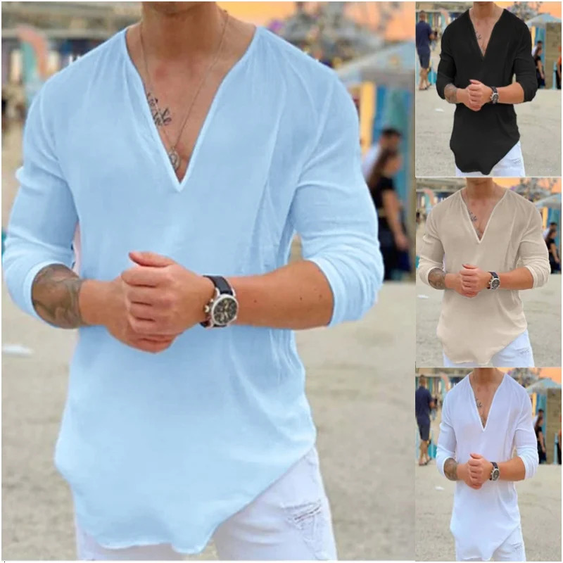 2024 mens linen long sleeve Tshirt Breathable shirt solid color casual basic cotton top 240219
