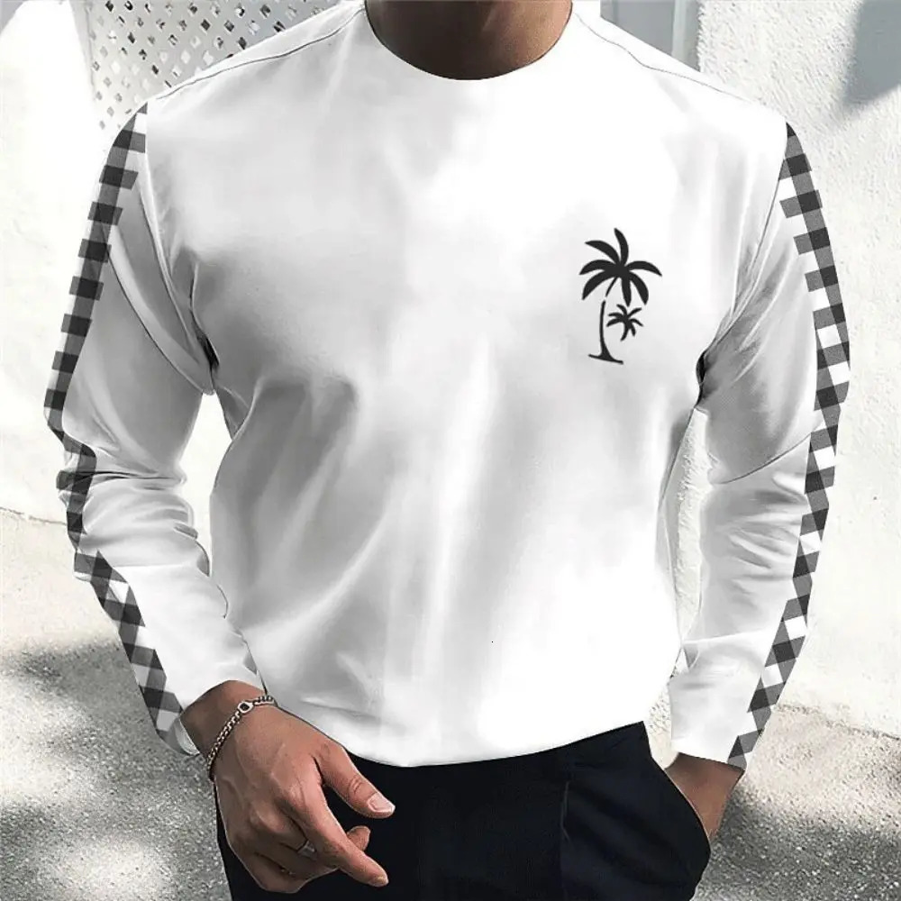 Plaid TShirt Cotton Mens Fall Clothing Coconut Tree Graphic Apparel Streetwear Oversized Long Sleeve Tops Male Shirt Tees 240219