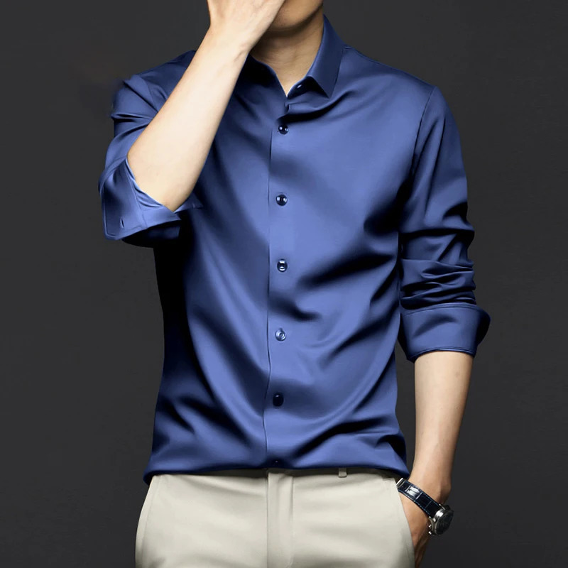 Mens Longsleeved Shirt Solid Color Silky Draped Cool Slimfit Muscle Top Dress Nonironing Stretch 240219