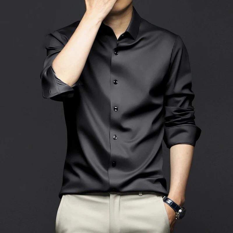 Mens Longsleeved Shirt Solid Color Silky Draped Cool Slimfit Muscle Top Dress Nonironing Stretch 240219