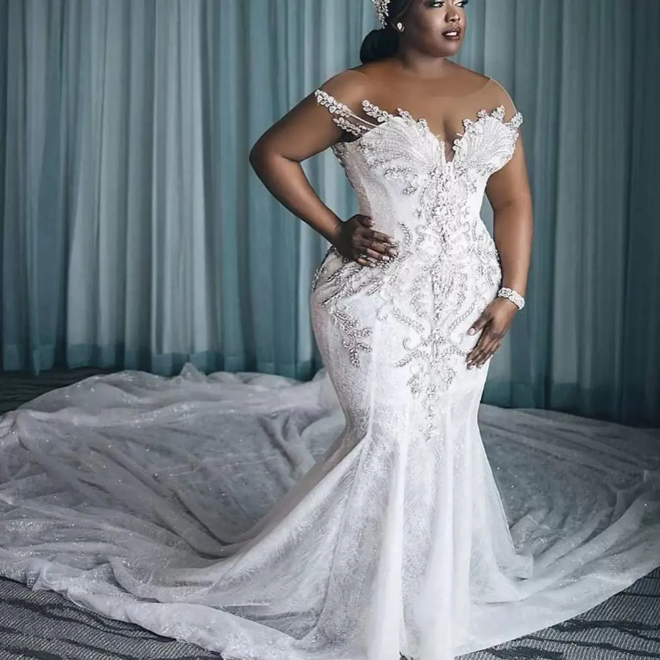 African Arabic Charming Mermaid Wedding Dresses Illusion Full Lace Appliques Crystal Beading Cap Sleeves Chapel Train Formal Bridal Gowns Plus Size BC