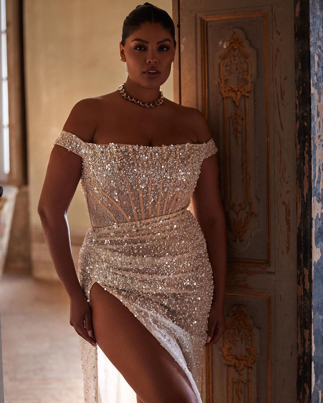 Glitter Plus Size Bridal Gowns Pearls Sequins Mermaid Wedding Dress Off Shoulder Side Split Custom Made Bride Dresses Vestido de novia