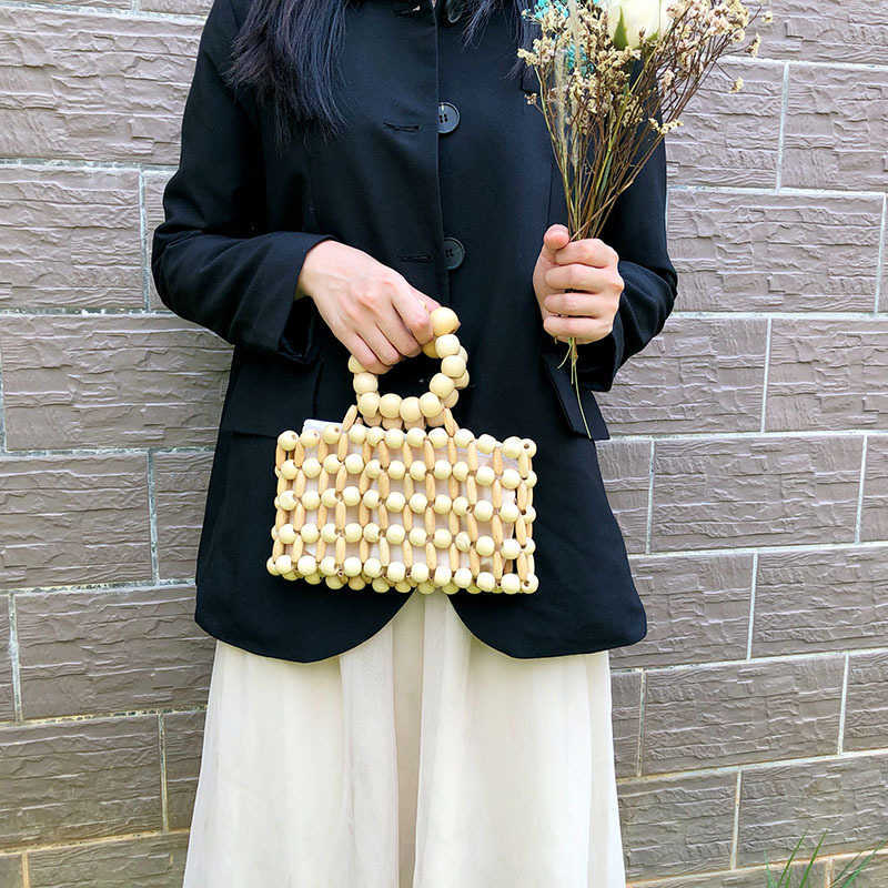 Wind New Ins Same Hand Woven Handbag Natural Wood Bead Handbag Transparent Beach Quartet Bag 240215