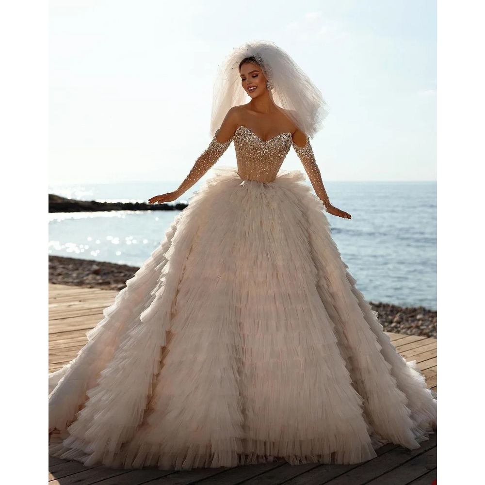 Stunningbride 2024 Tiered Skirts Ball Gown Wedding Dresses Princess Sheer Sweetheart Long Sleeve Sequins Beads Backless Bridal Dress Bride Gowns