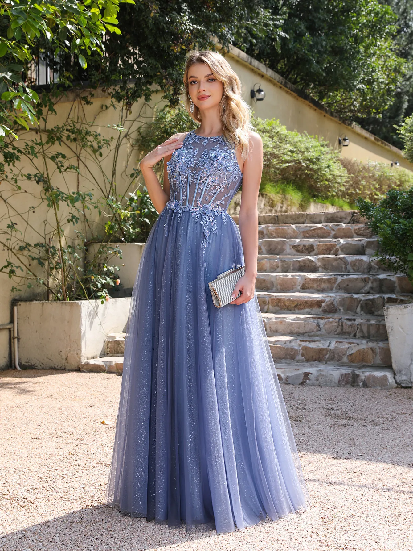 NEW Ocean Blue Hollow Backless Prom Dresses A Line Sheer Jewel Neck Tulle Long Evening Gowns With Appliques Cps3039