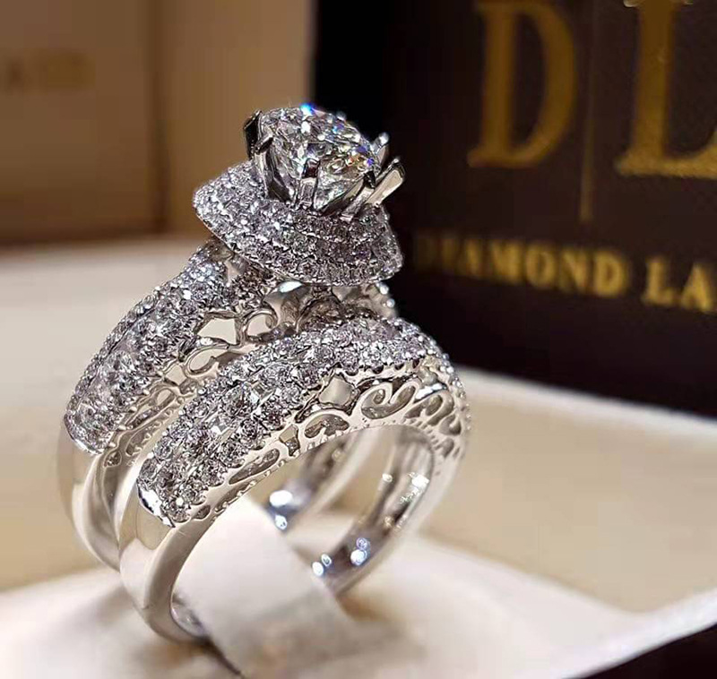Drop Ship Luxury Jewelry Wedding Rings Handmade Ins Top Sell 925 Sterling Silver Fill Round Cut White Topaz CZ Diamond Couple Women Bridal Ring Set Gi