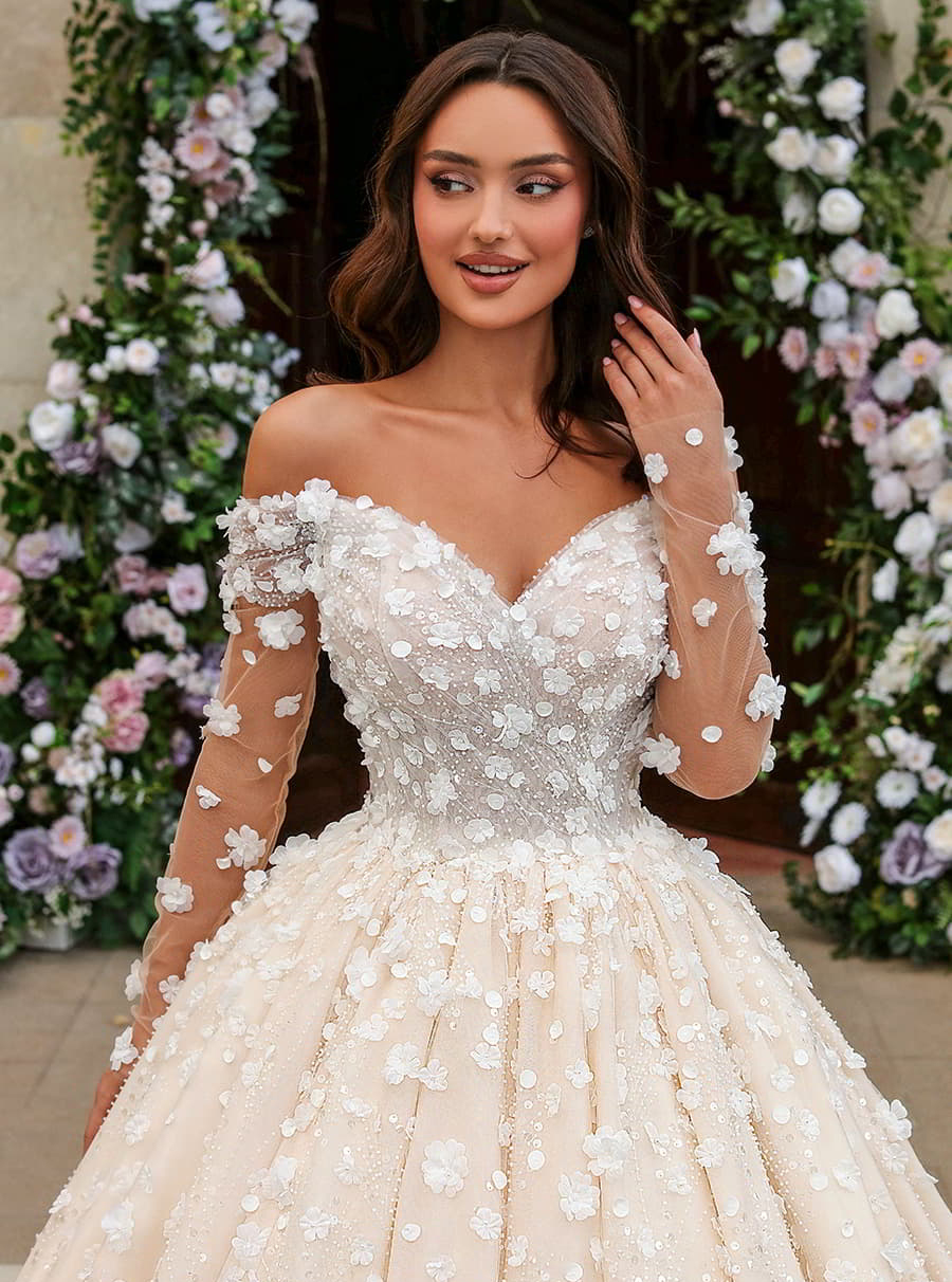 Romantic Wedding Dresses 3D-Ral Appliques Bridal Ball Gowns Off The Shoulder Long Sleeve Custom Made Vestido De Novia 0219