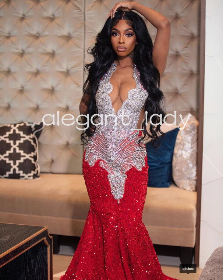 Red Sparkly Afrian Mermaid Prom Gala Dresses for Women Luxury Diamond Crystal Velvet Birthday Evening Pageant Gown Robes