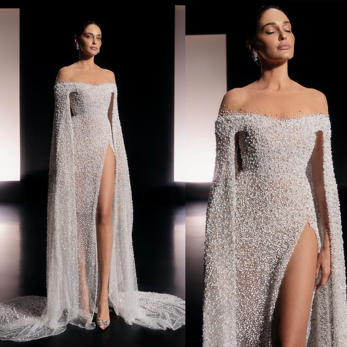 Gorgeous Off Shoulder Bridal Gowns More Pearls Mermaid Wedding Dress Side Split Custom Made Bride Dresses Vestido de novia