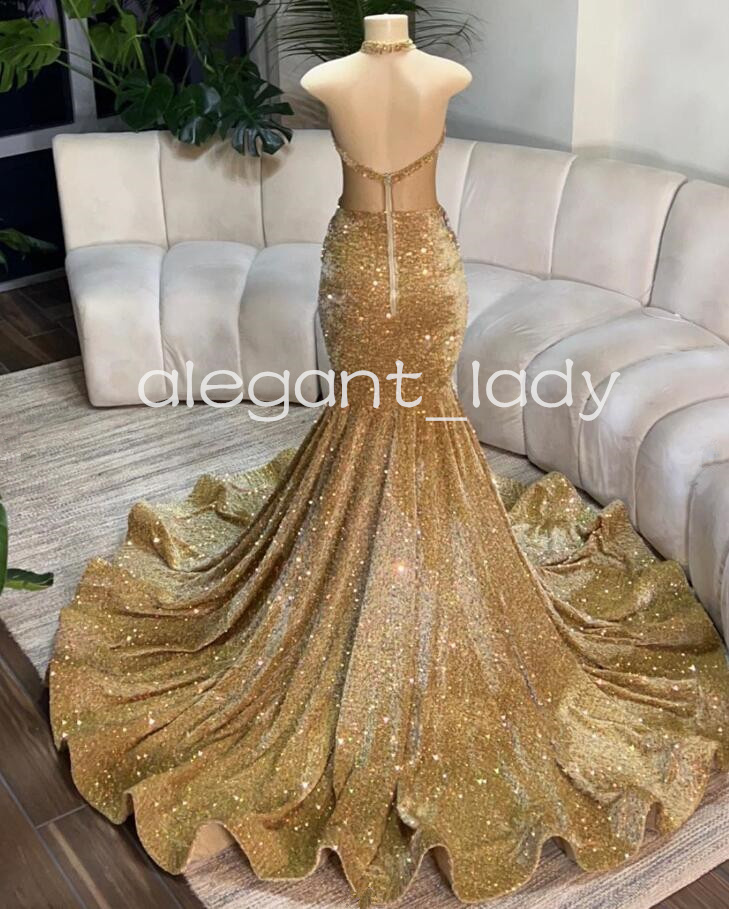 Champagne Gold Long Prom Dresses 2024 Mermaid Sheer O-neck Sleeveless Beaded Black Girl Evening Gala Formal Gown