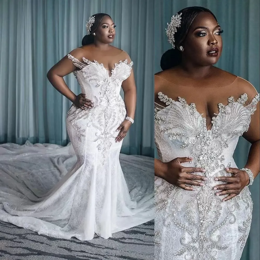African Arabic Charming Mermaid Wedding Dresses Illusion Full Lace Appliques Crystal Beading Cap Sleeves Chapel Train Formal Bridal Gowns Plus Size BC