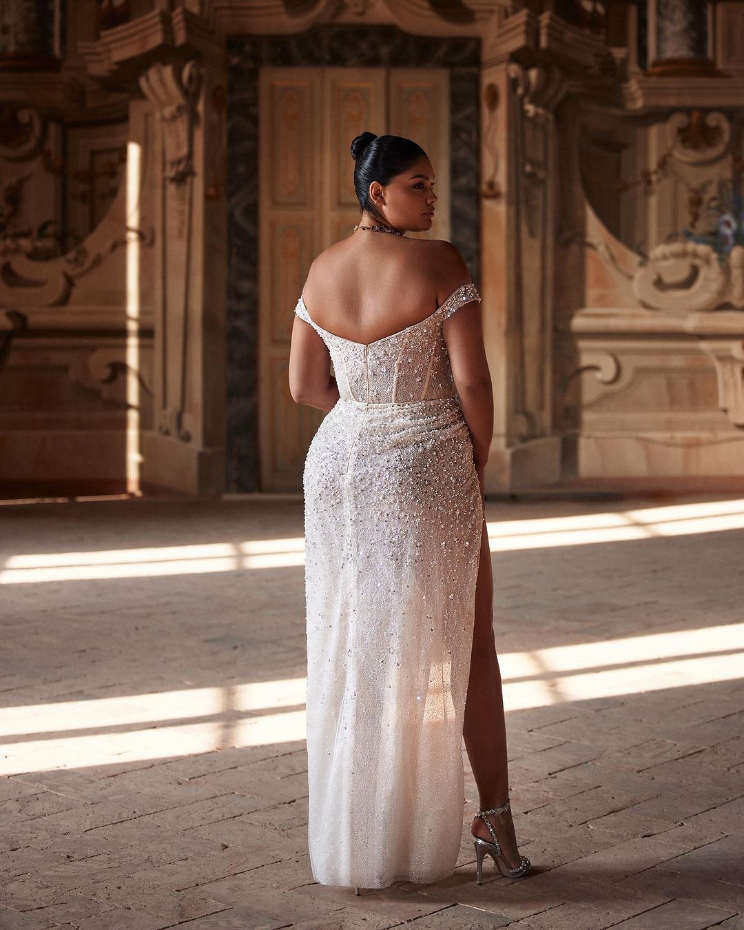 Glitter Plus Size Bridal Gowns Pearls Sequins Mermaid Wedding Dress Off Shoulder Side Split Custom Made Bride Dresses Vestido de novia