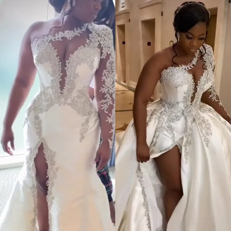 Gorgeous One Shoulder Satin Wedding Dress With Detachable Train Long Seeve Beaded Lace Appliques Side Split Sexy Bridal Gown African Bride Wear